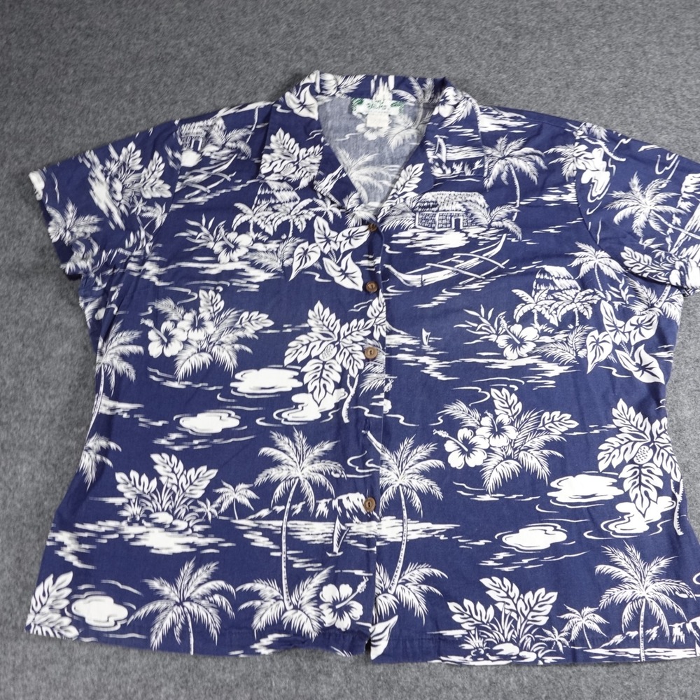 Two Palms Hawaiian Shirt Womens XL Navy Blue White Tropical Made in Hawaii